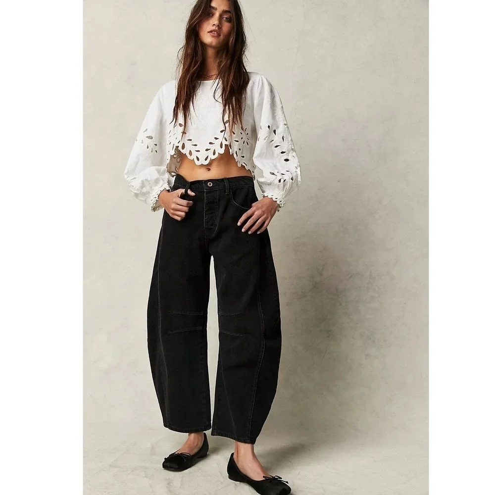 Free People We The Free Good Luck Barrel Jeans in Soundwave Washed Black Size 30